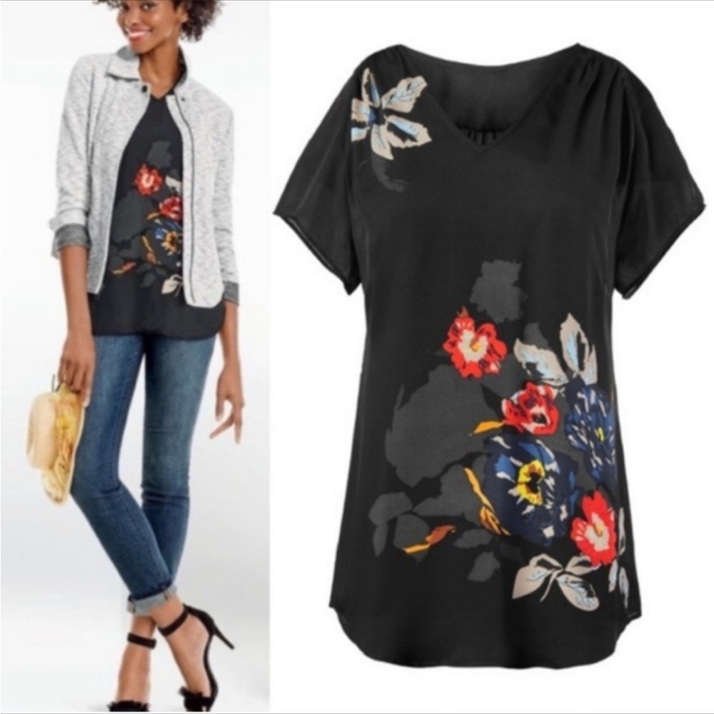 CAbi Fiore Black Floal Tunic Top Short Sleeve V-neck Pullover Semi Sheer - Picture 1 of 7